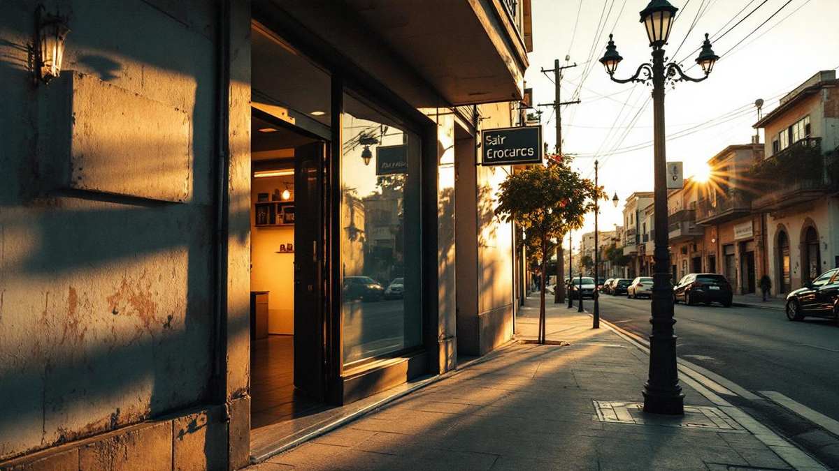 Fachada de pequena loja brasileira em rua de bairro com porta aberta e luz dourada do entardecer projetando sombras na calcada