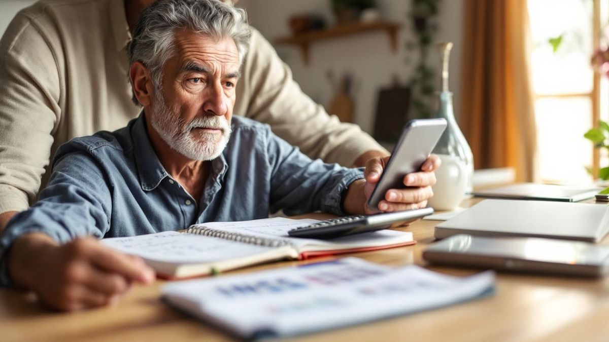 Pessoa brasileira sentada a mesa da cozinha com calculadora, caderno com anotacoes e smartphone, planejando a aposentadoria sob luz natural da manha