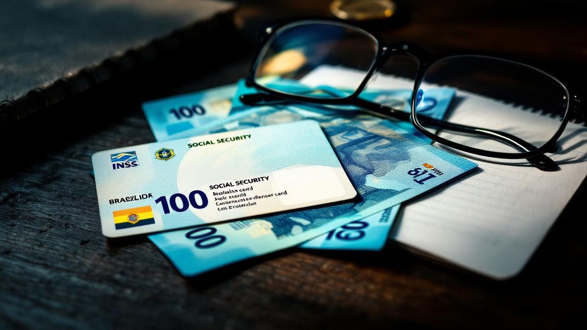 Documentos do INSS, carteira de trabalho e notas de real sobre mesa de madeira escura com iluminacao lateral dramatica