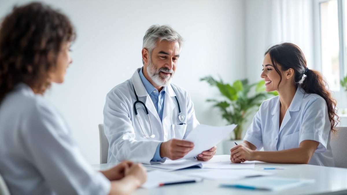 Consultorio medico brasileiro com medico e paciente revisando documentos, escritorio limpo com luz natural da janela