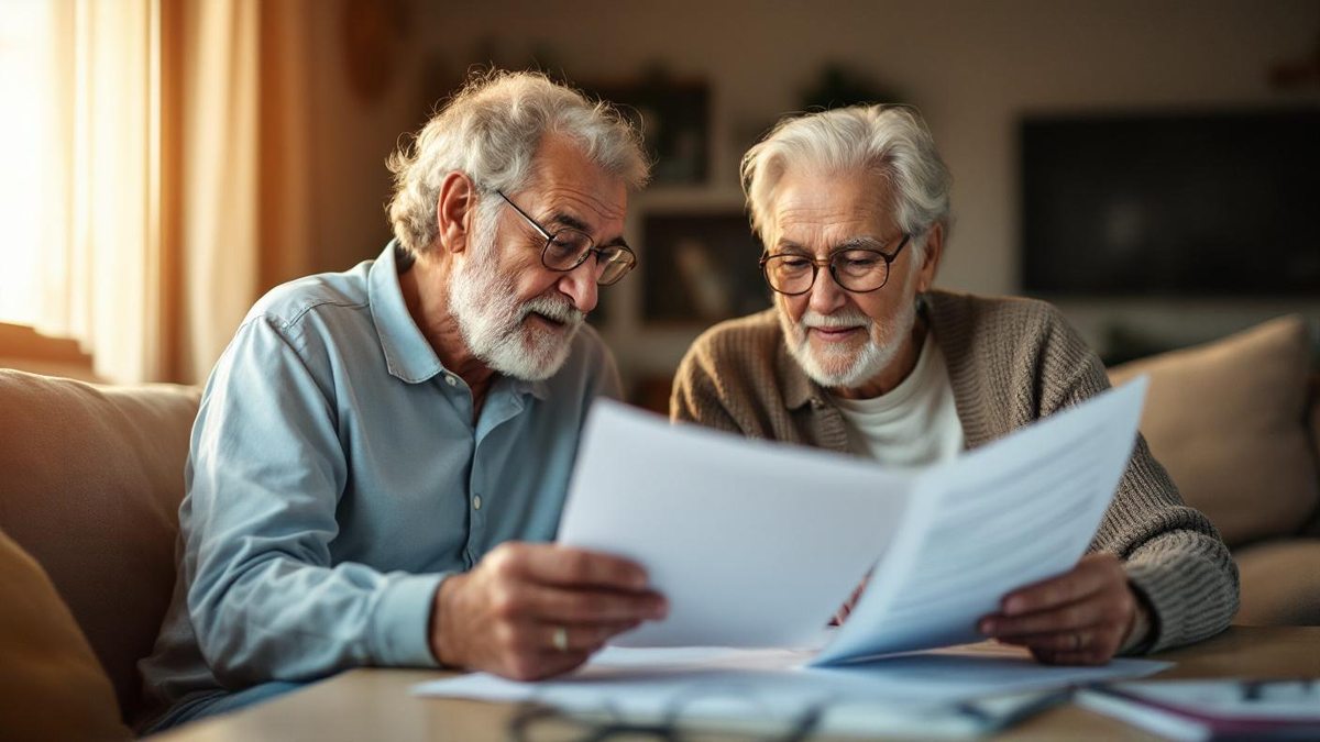 Casal brasileiro de meia-idade revisando documentos da previdencia social juntos em casa sob luz quente de fim de tarde
