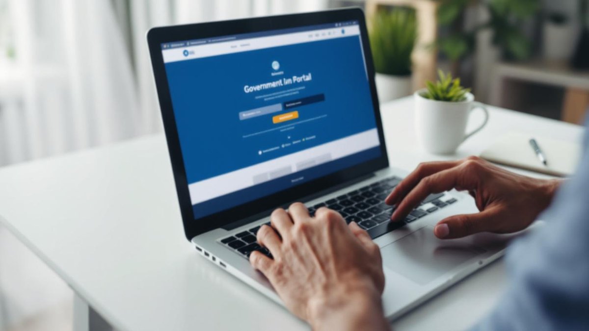 Mãos de brasileiro digitando em laptop com tela azul do Gov.br visível, mesa de home office com caderno e café ao lado