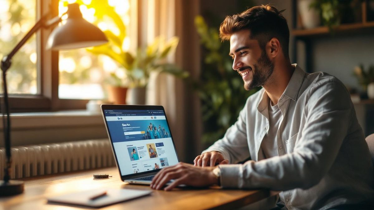 Pessoa usando notebook no balcão de casa com formulário do Gov.br aberto na tela, teclando com uma mão e segurando celular na outra