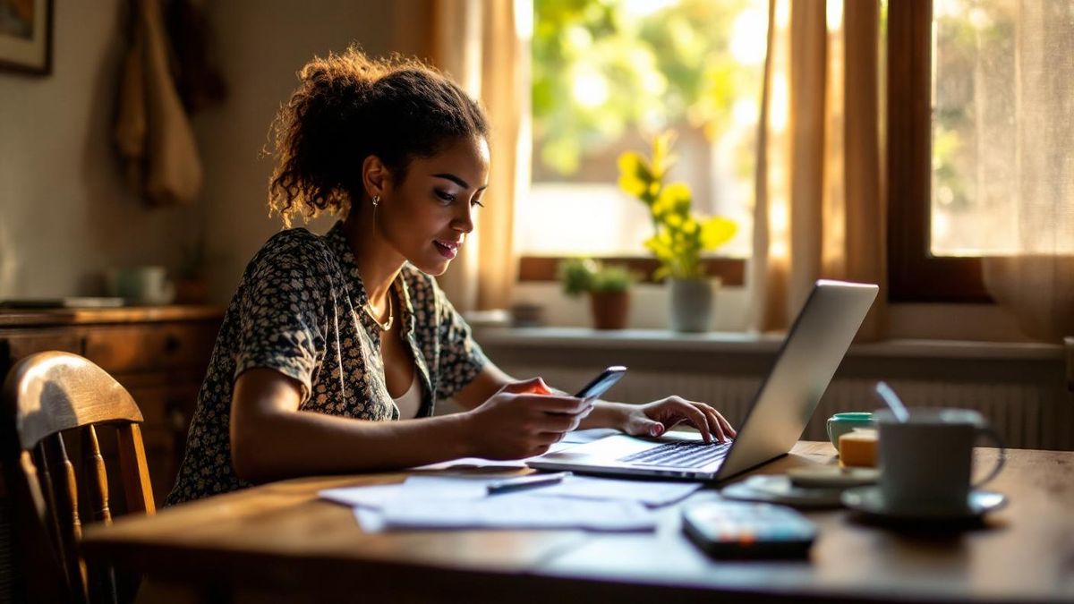 Empreendedora brasileira em mesa de cozinha revisando documentos no notebook com luz natural da tarde entrando pela janela