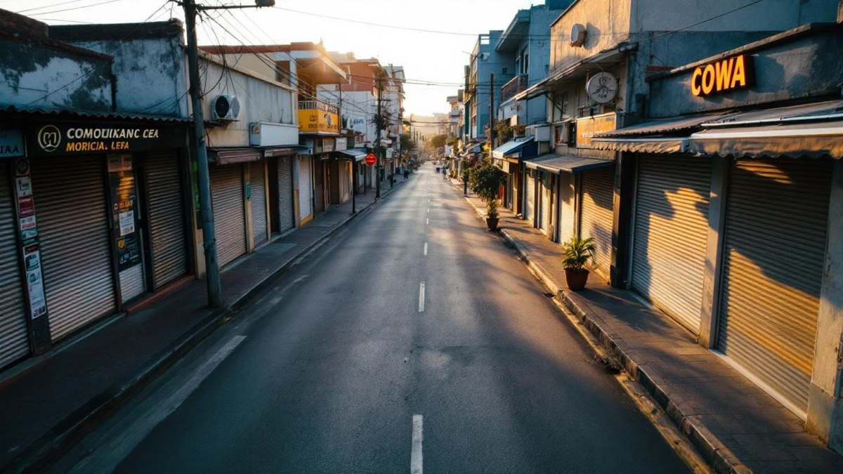 Vista aerea de rua comercial brasileira com lojas fechadas e portas de aco abaixadas, calada vazia sob luz dourada de fim de tarde