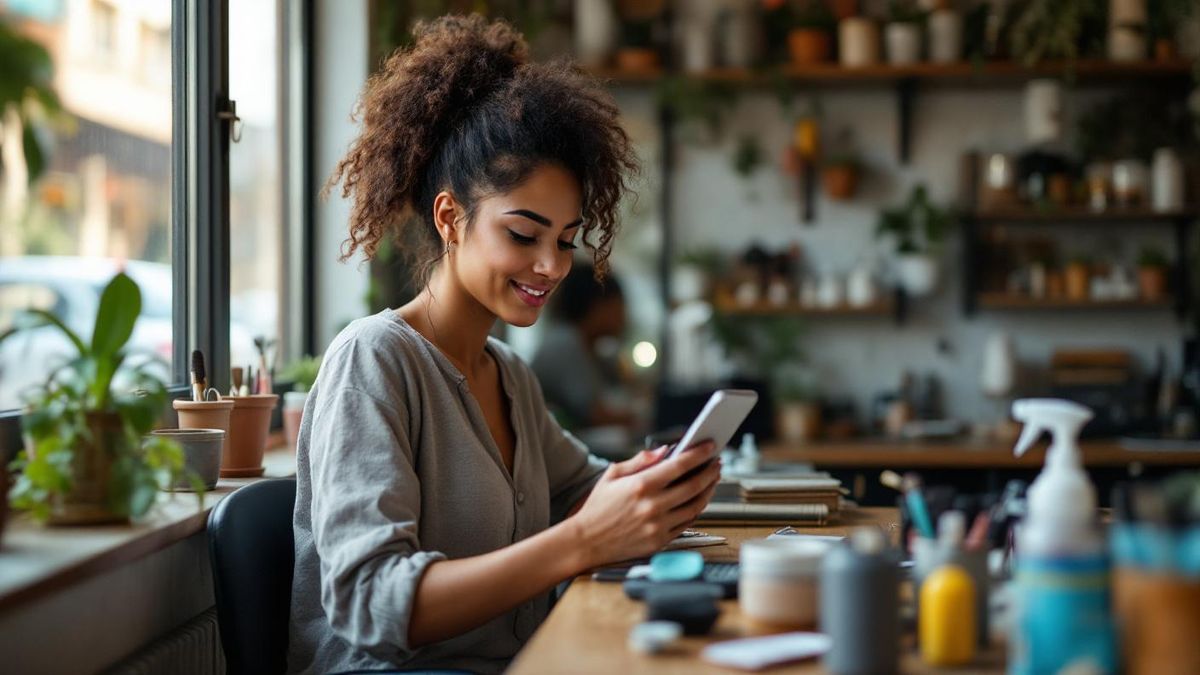 Empreendedora brasileira em bancada de trabalho consultando lista no celular, ferramentas e produtos ao redor, iluminação natural