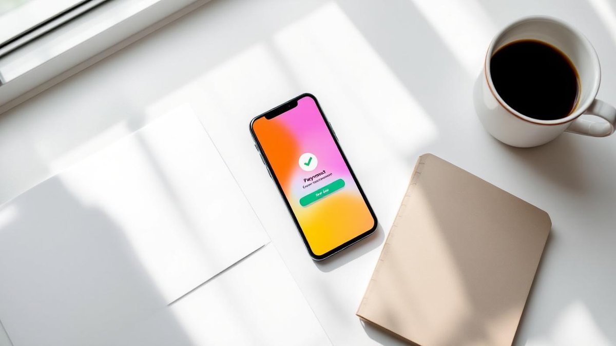Smartphone ao lado de boleto DAS e notas de real sobre mesa branca iluminada, composicao editorial limpa de fotografia magazine