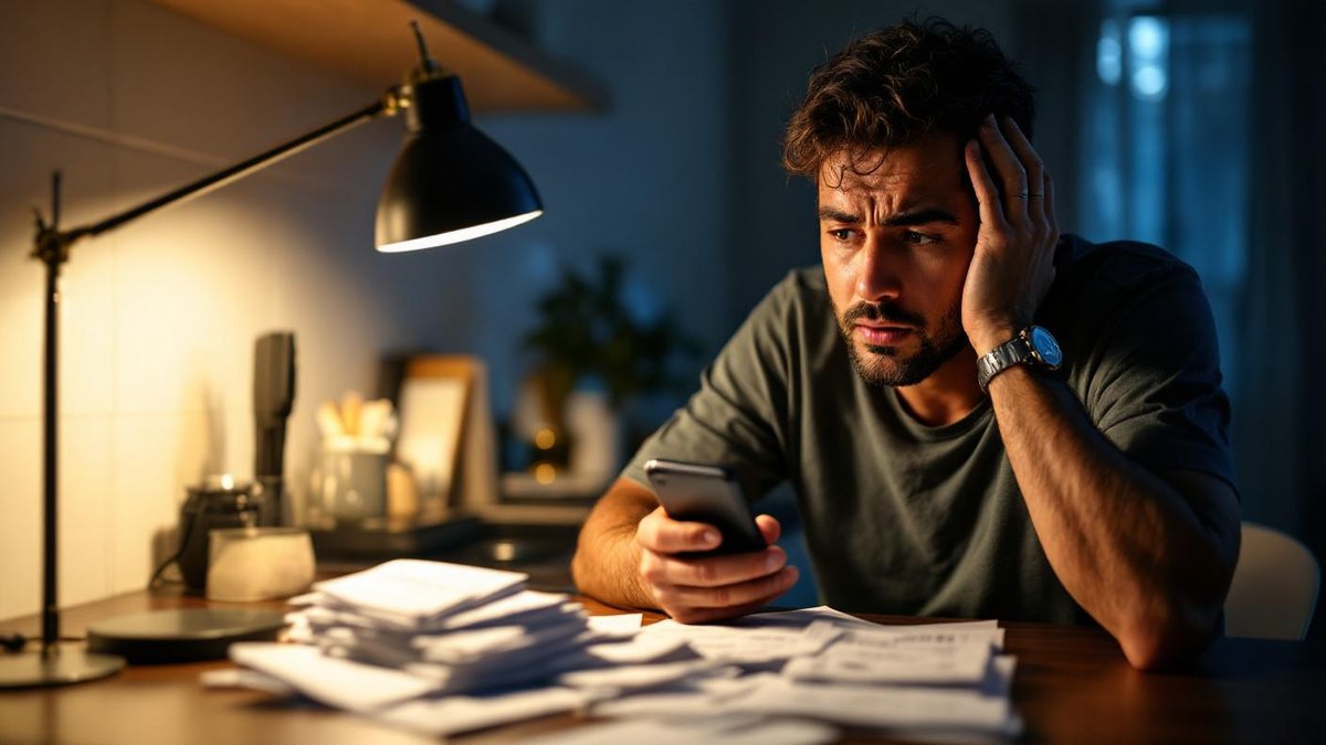 Pessoa sentada na mesa da cozinha à noite com boletos vencidos ao lado do celular, expressão preocupada sob luz de abajur
