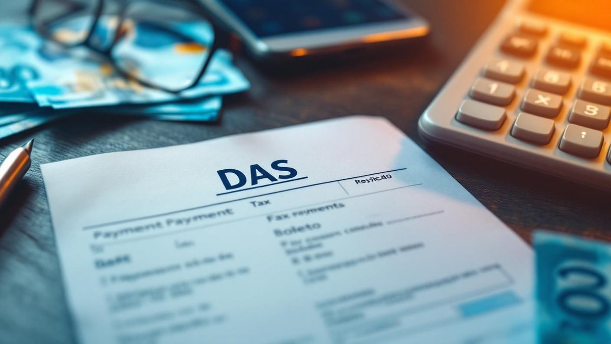 Mesa de madeira escura com boleto DAS, notas de real, calculadora, smartphone com app bancario e oculos de leitura sob luz lateral