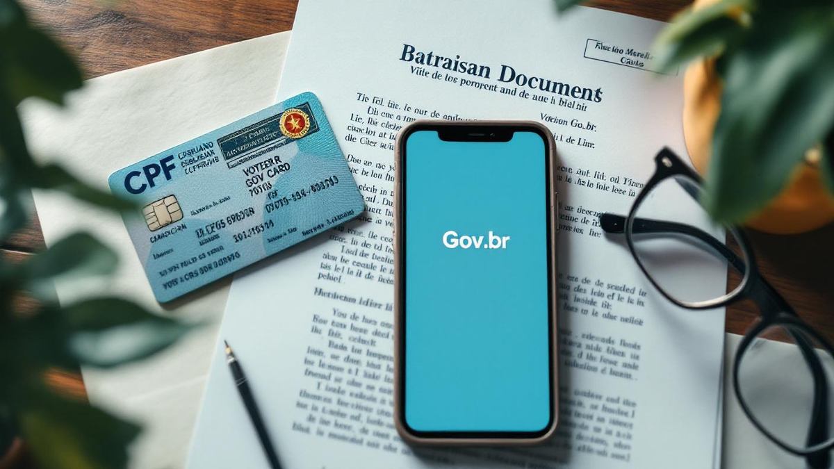 Documentos brasileiros organizados em mesa de madeira: CPF, título de eleitor, comprovante de endereço e celular com Gov.br aberto
