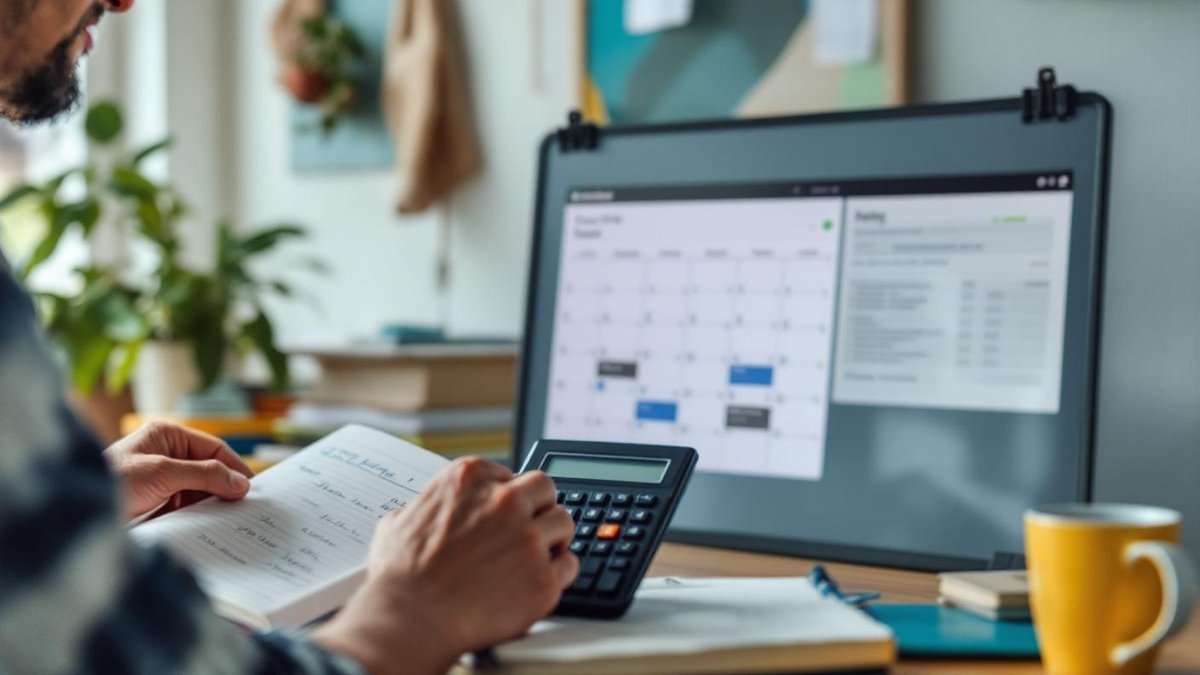 Microempreendedora brasileira sentada a mesa com calendario de parede e calculadora, caderno com anotacoes mensais, luz natural de tarde