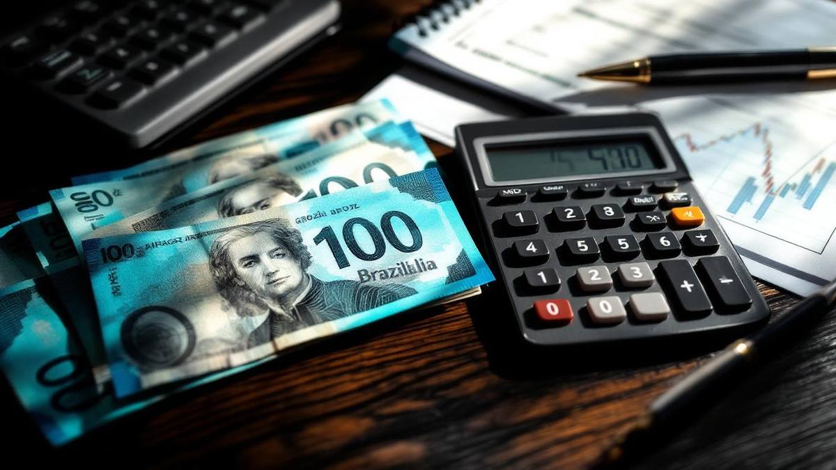 Mesa de madeira escura com calculadora, grafico financeiro em papel, notas de cem reais azul turquesa e caneta sob luz lateral dramatica