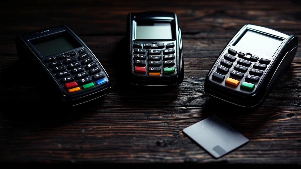 Tres maquininhas de cartao dispostas sobre mesa de madeira escura com cartao de crédito visivel sob iluminacao dramatica lateral