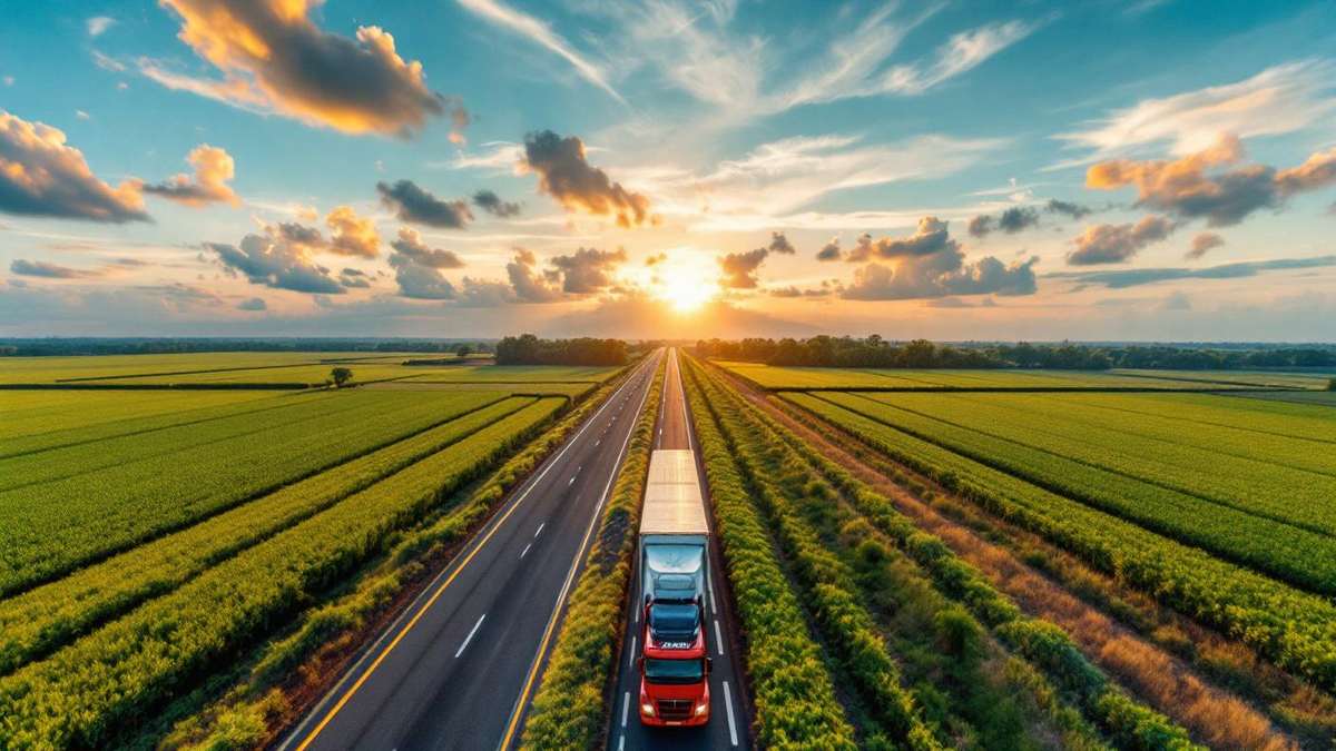Vista aerea de caminhao de carga em rodovia brasileira com campos verdes e ceu azul, perspectiva drone grande angular