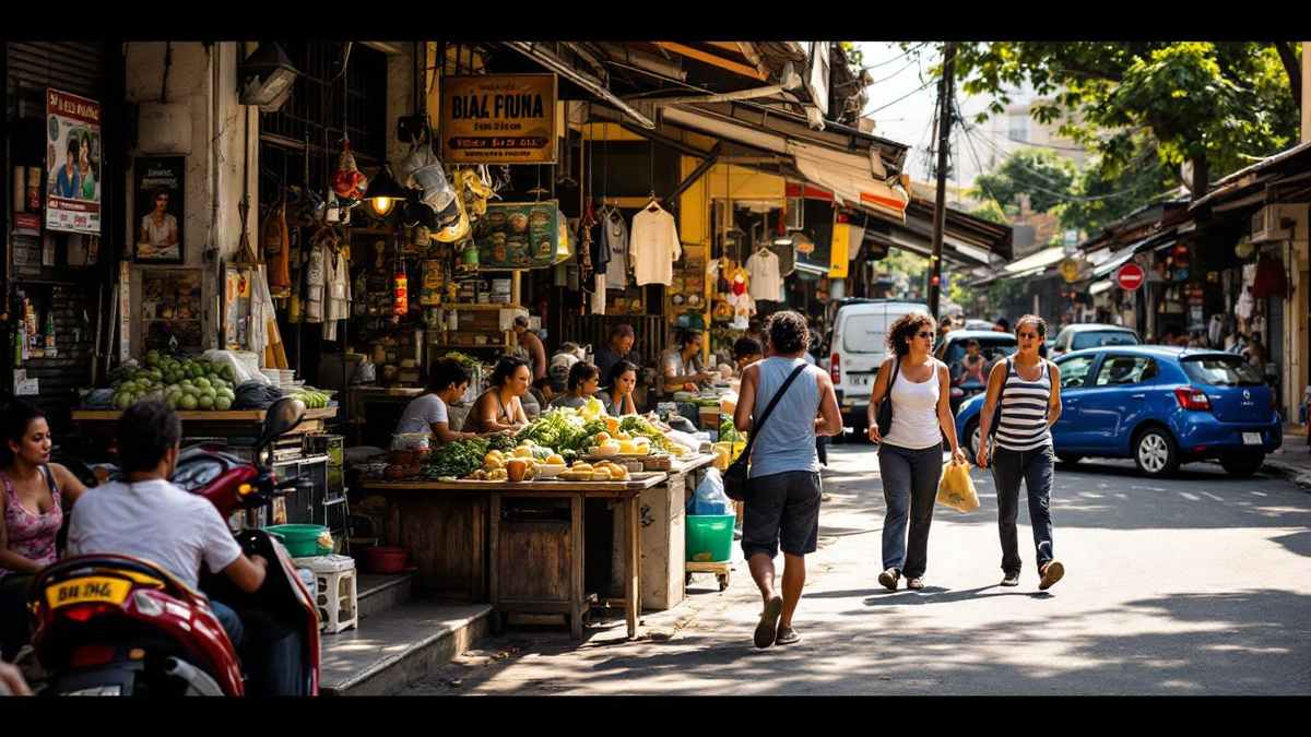 Rua comercial brasileira movimentada com pequenas lojas e empreendedores diversos sob luz natural de tarde em bairro de Sao Paulo