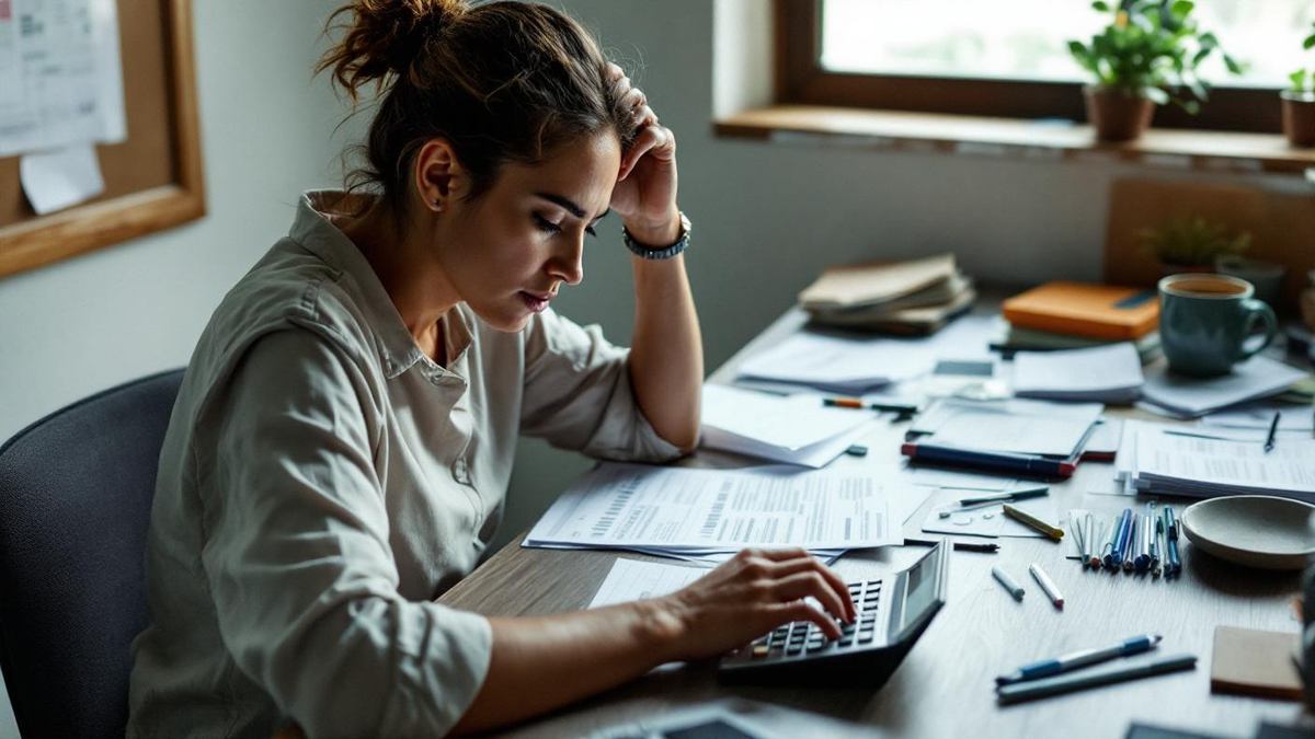 Microempreendedor brasileiro em home office com calculadora e formularios fiscais na mesa sob luz natural da janela