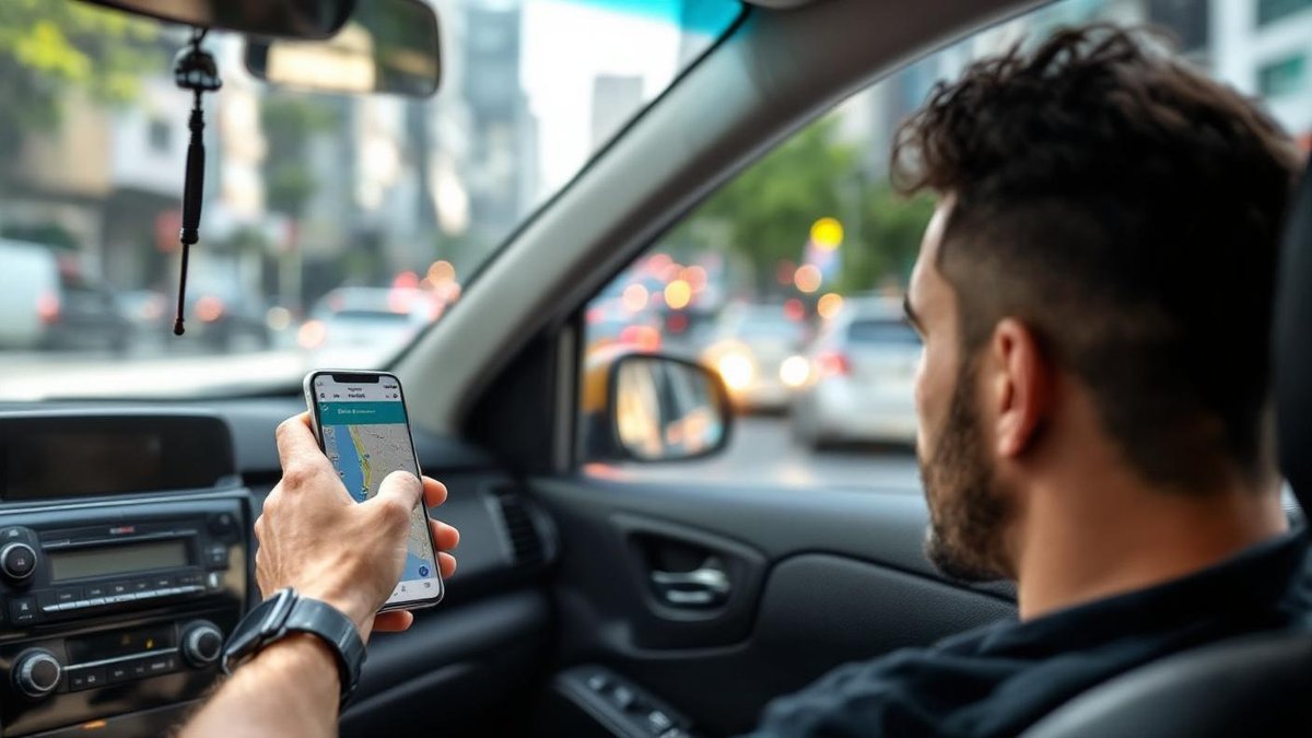 Motorista de aplicativo brasileiro dentro do carro conferindo app no celular com transito de Sao Paulo visivel pelo para-brisa em estilo lifestyle