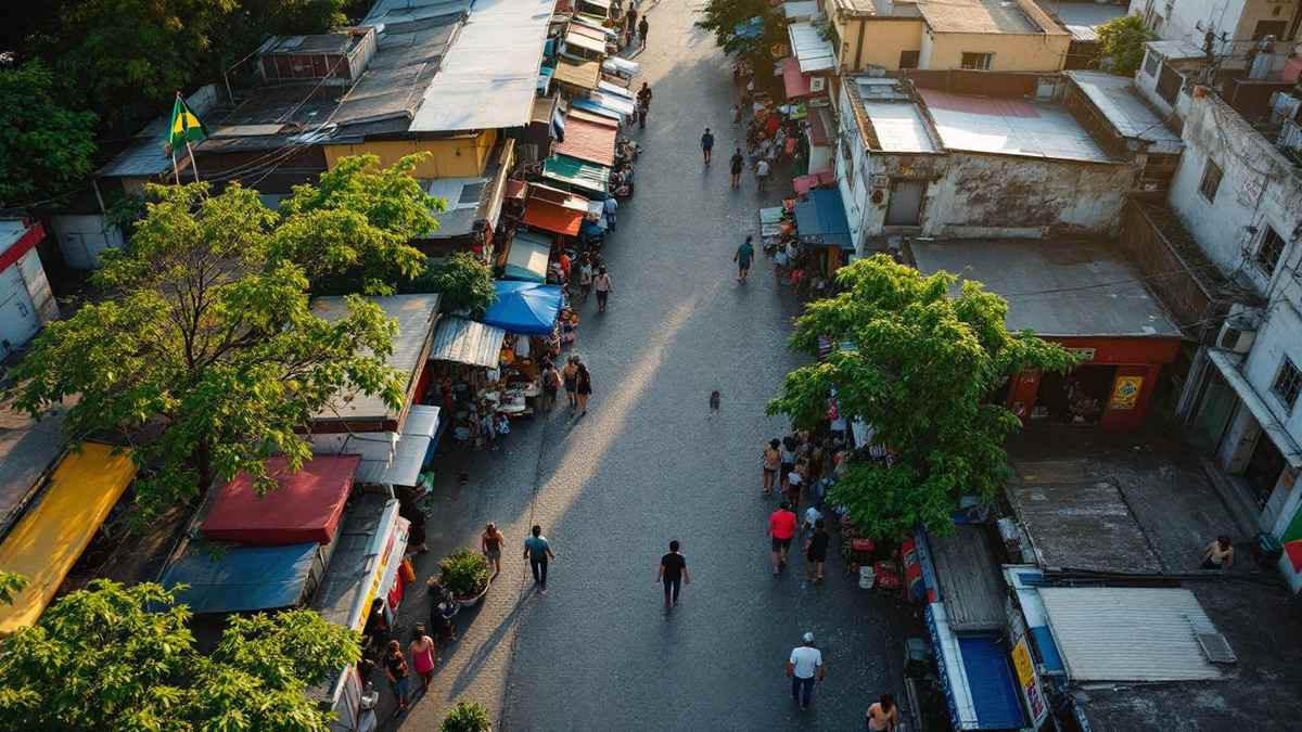 Vista aérea de bairro comercial diverso em São Paulo com lojas coloridas, pedestres e bandeira brasileira