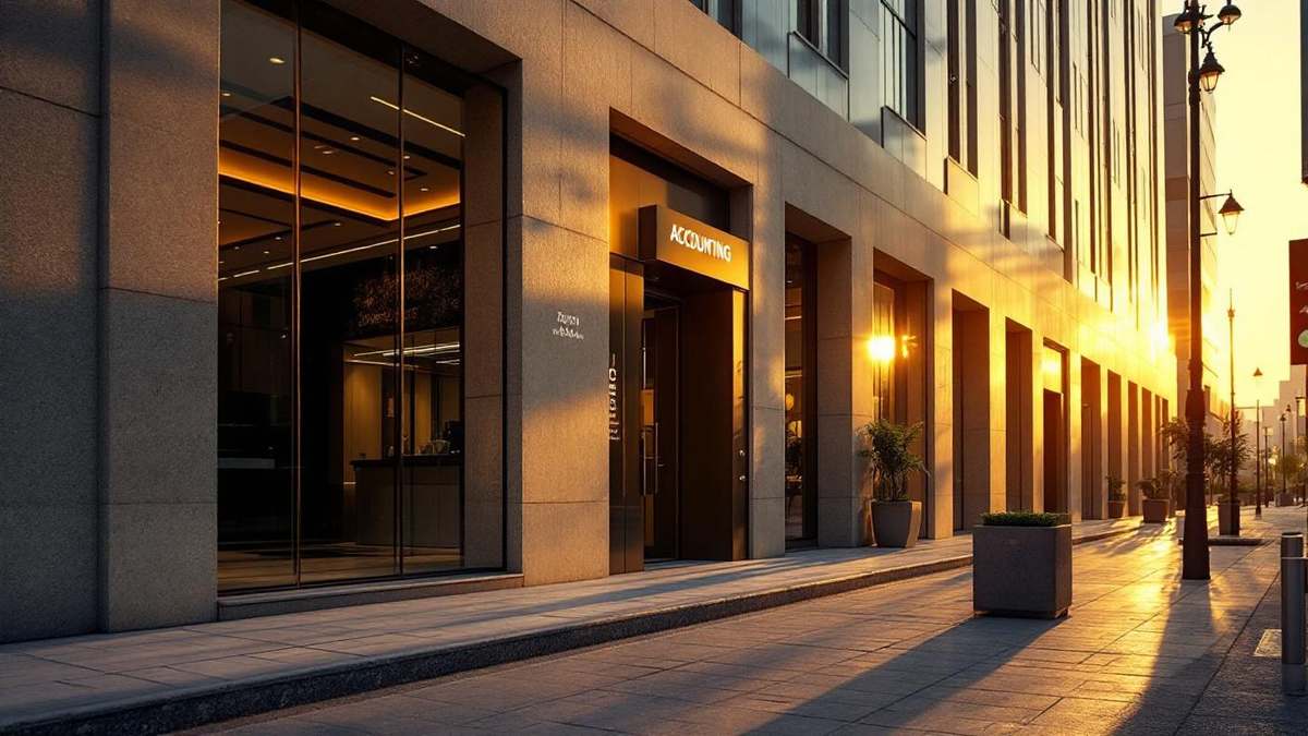 Fachada de predio comercial em Sao Paulo com escritorio de contabilidade ao nivel da rua, porta de vidro e luz dourada do entardecer na parede de concreto