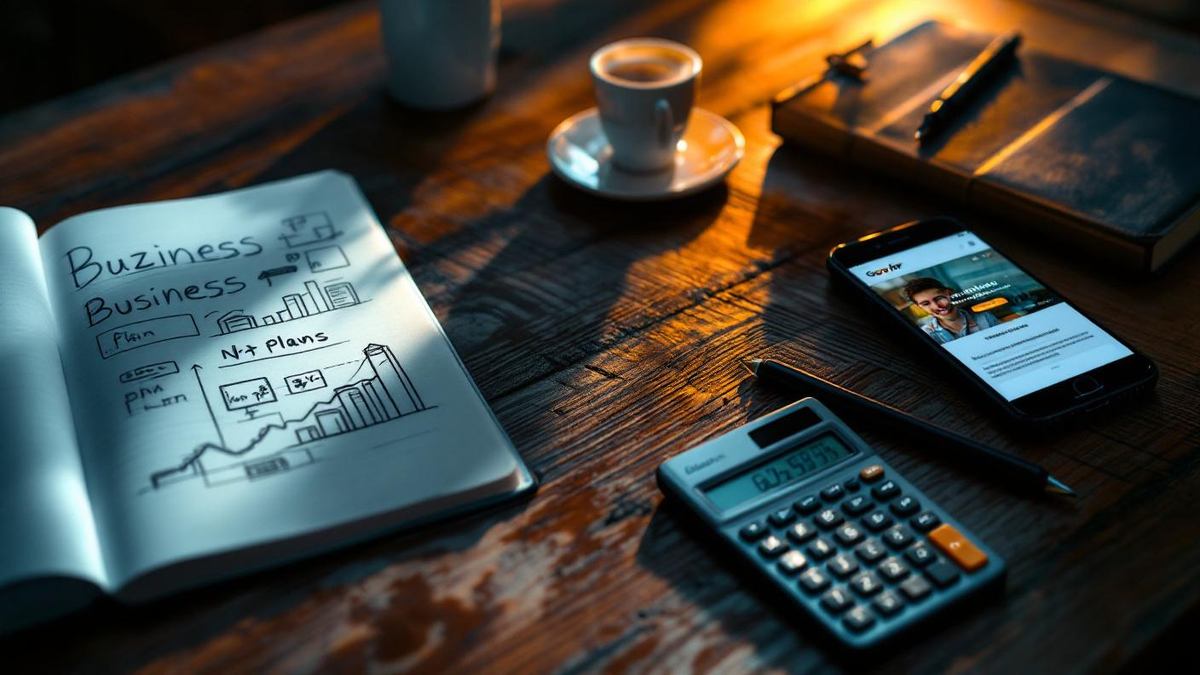 Mesa de estudante com caderno de plano de negócios, calculadora, livro escolar e celular mostrando tela azul do Gov.br, luz lateral quente