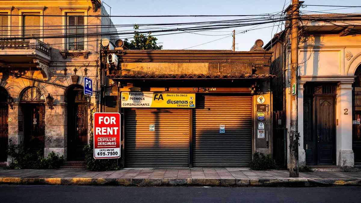 Fachada de pequena loja comercial brasileira em rua de bairro sob luz dourada de fim de tarde