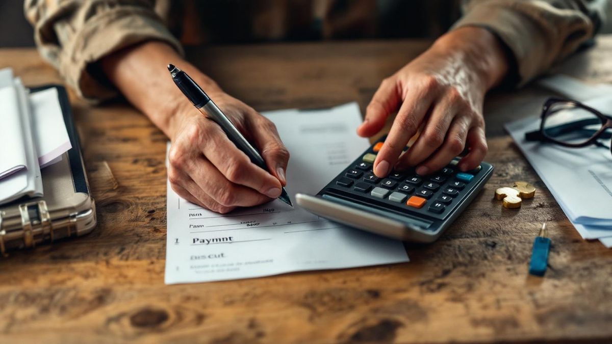 Mãos de pessoa organizando boletos de pagamento e calculadora sobre mesa de madeira, com óculos e caneta ao lado sob luz quente