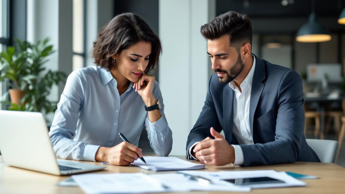 Profissional brasileiro em reuniao com cliente em escritorio moderno com notebook e documentos sobre a mesa em composicao limpa