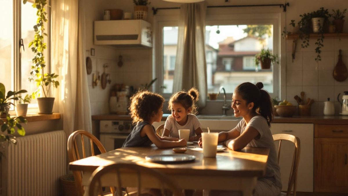 Familia brasileira reunida em mesa de cozinha simples revisando documentos sob luz quente de fim de tarde