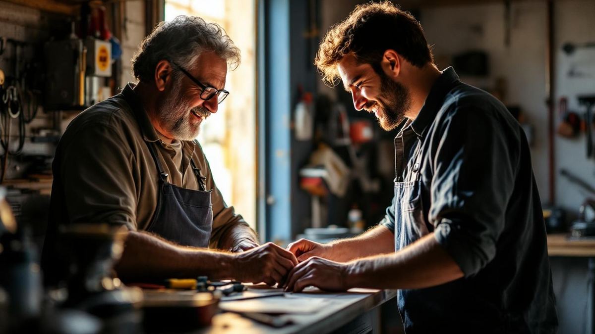 Dono de pequeno negócio brasileiro e funcionario trabalhando juntos em oficina de reparos com ferramentas e luz quente