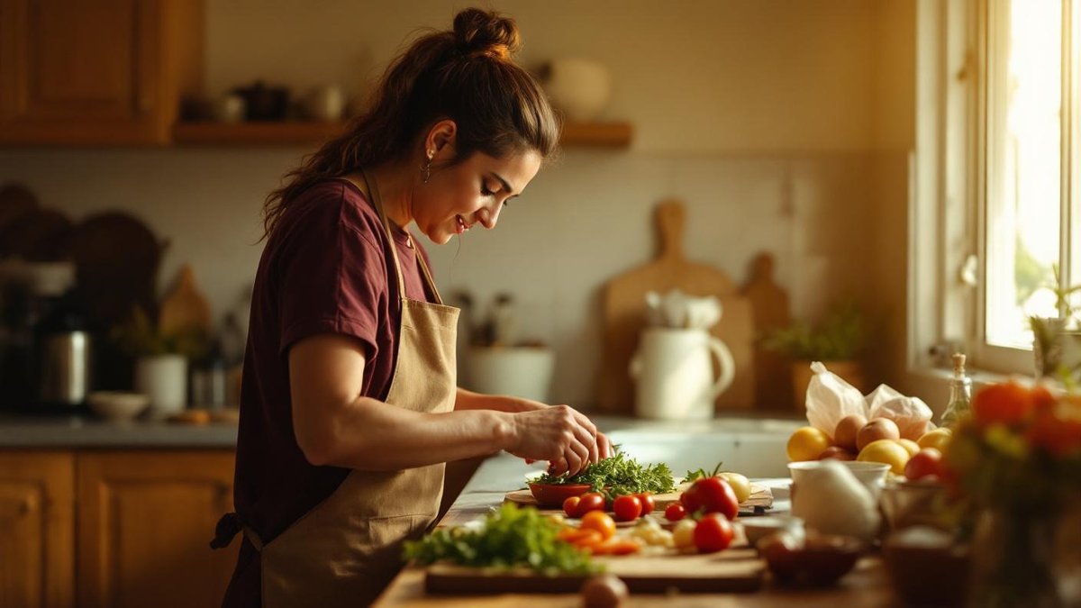 Mulher brasileira preparando alimentos em cozinha domestica com ingredientes no balcao sob luz quente de tarde em estilo documental