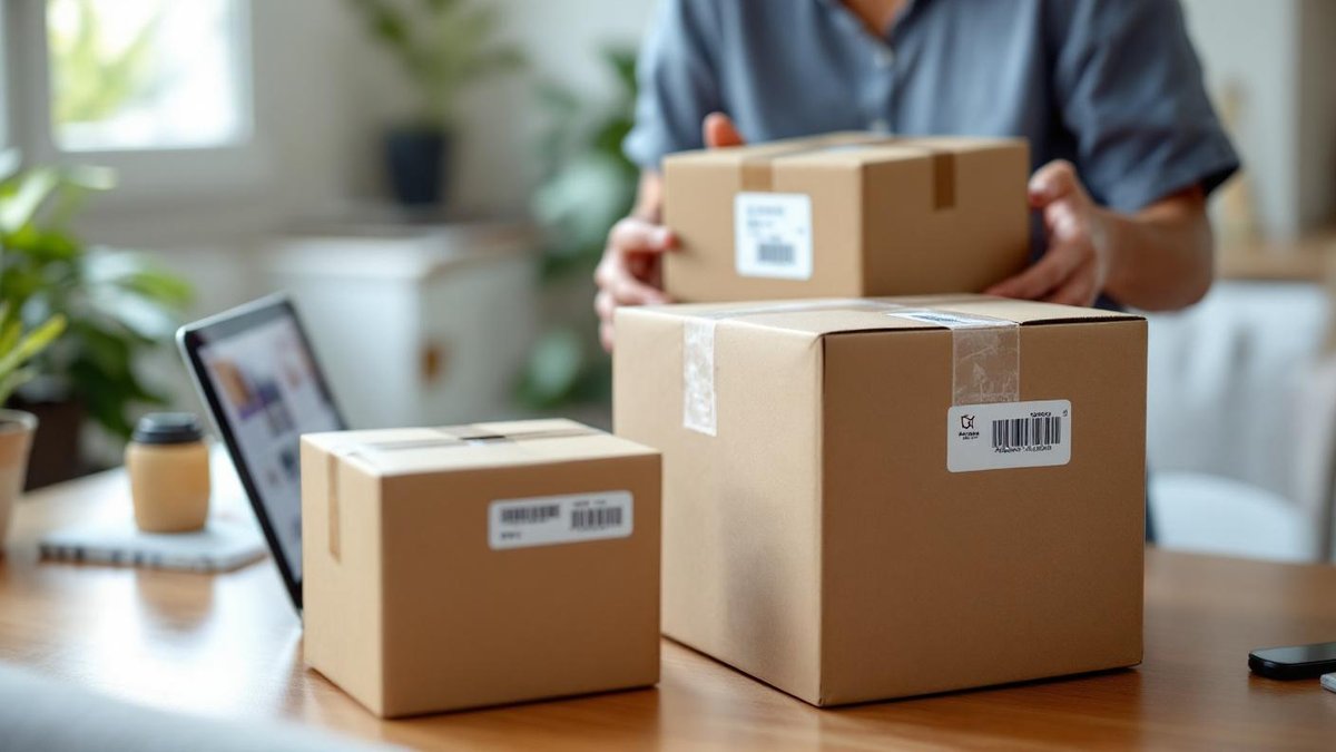 Pessoa empacotando caixas para envio em mesa de casa com notebook mostrando marketplace e etiquetas de frete sob luz natural