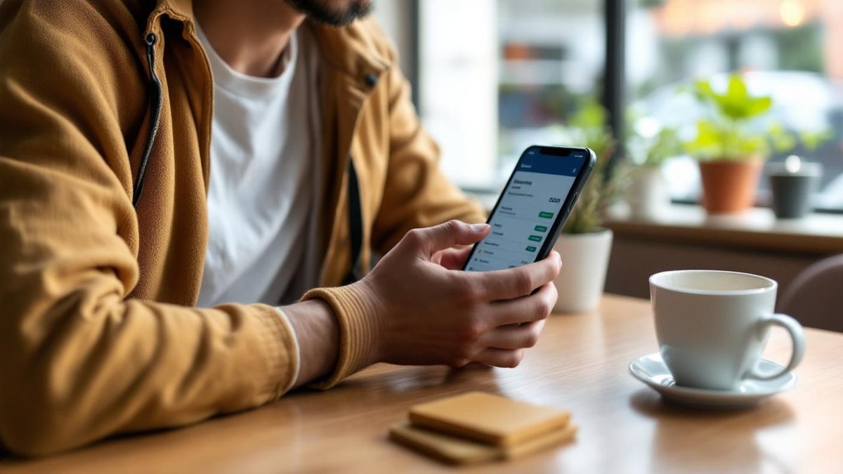 Jovem empreendedor brasileiro em cafe conferindo app bancario no celular com xicara de cafe ao lado sob luz natural