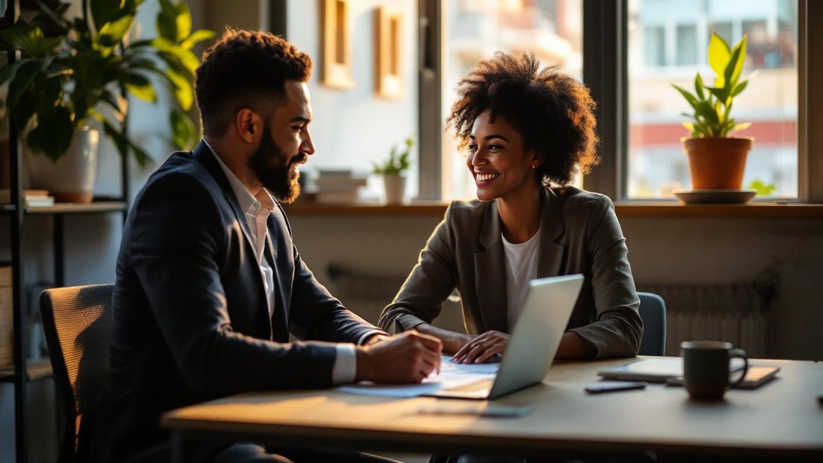 Contador e microempreendedor conversando em mesa de escritorio simples com laptop e documentos sob luz natural quente