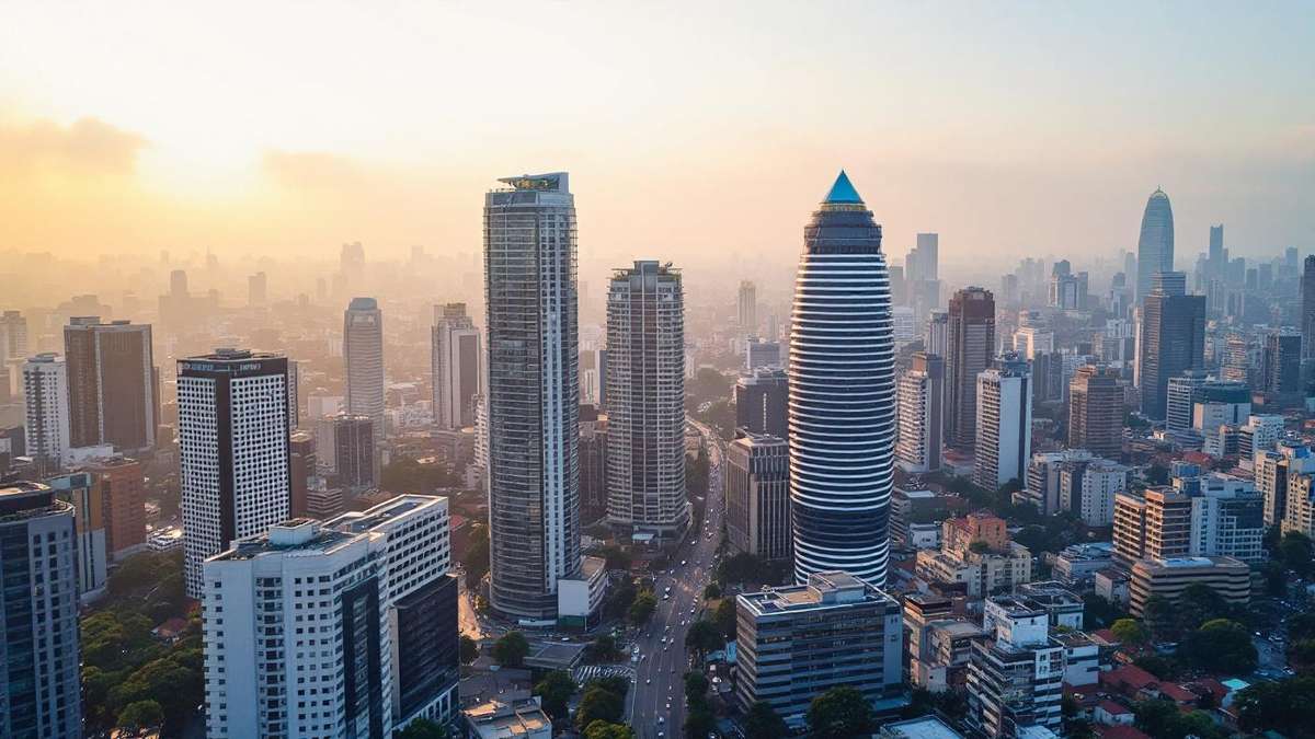 Vista aerea do distrito financeiro de Sao Paulo com torres de escritorios e luz de fim de tarde, perspectiva drone grande angular