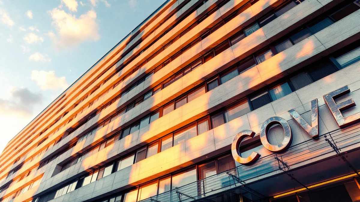 Fachada de edificio público moderno em Brasilia fotografada em angulo dramatico sob luz dourada do entardecer