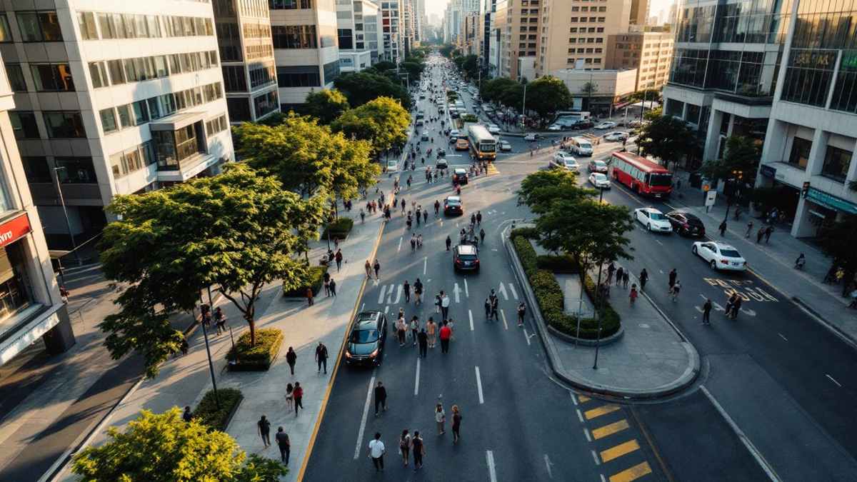 Vista aerea de avenida comercial movimentada em Sao Paulo com trabalhadores caminhando na calcada durante horario de almoco