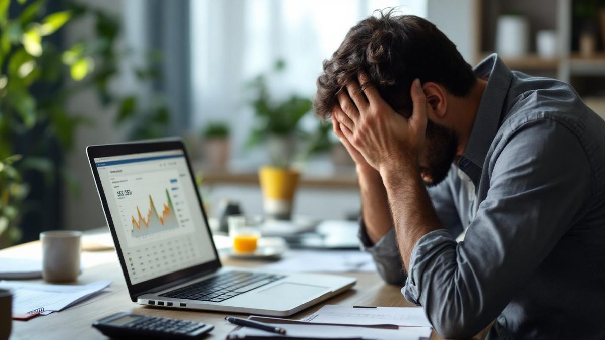 Empreendedor brasileiro preocupado olhando planilha financeira no laptop em home office com papeis e calculadora na mesa