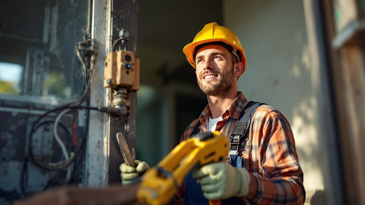 Eletricista brasileiro trabalhando em instalacao residencial com ferramentas e cinto de utilidades sob luz natural da tarde