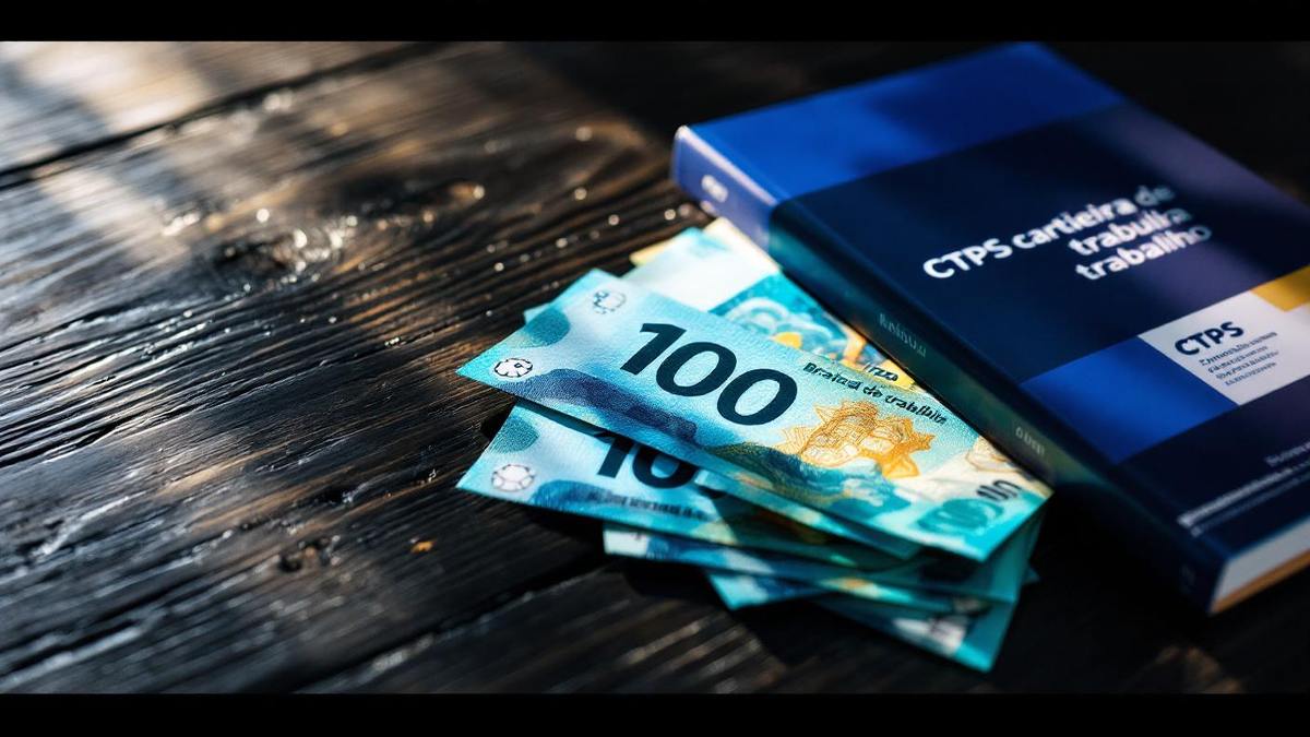 Carteira de trabalho brasileira ao lado de smartphone mostrando app MEI com notas de R$100 entre eles sobre mesa escura