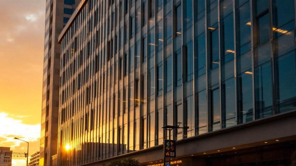 Fachada de predio comercial moderno em Sao Paulo com vidro refletindo luz dourada do por do sol em angulo dramatico