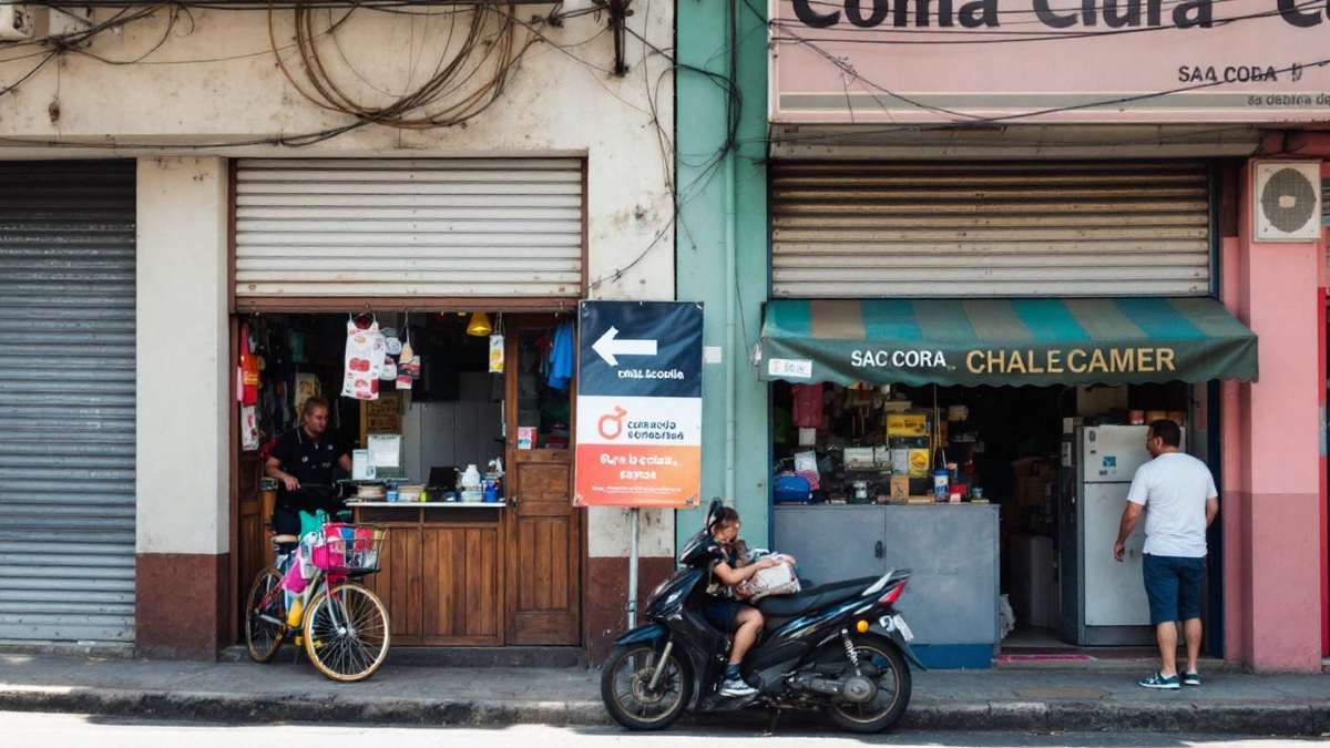 Rua comercial de Sao Paulo com duas lojas lado a lado, uma pequena de um único dono e outra maior com funcionario, luz natural da tarde