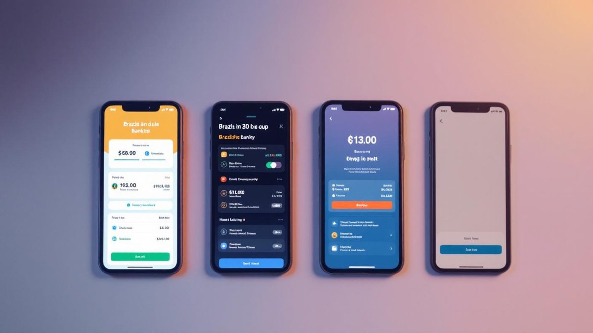 Quatro smartphones lado a lado em mesa branca mostrando telas de aplicativos bancarios diferentes em composicao editorial