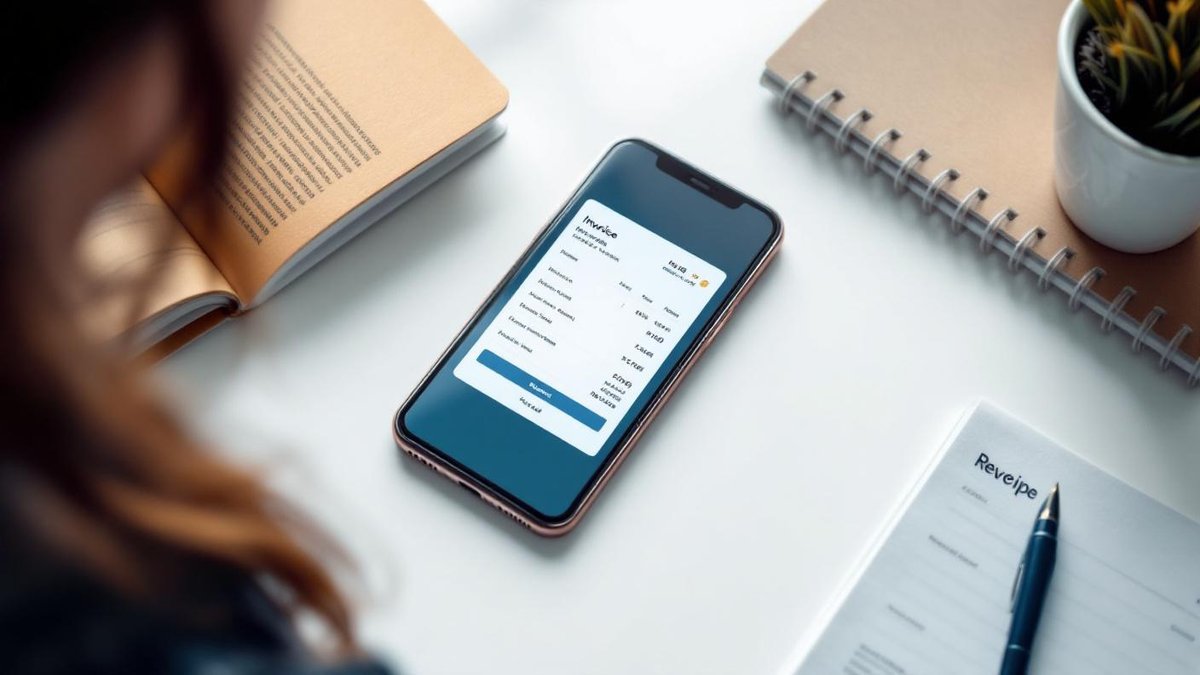 Smartphone sobre mesa branca mostrando aplicativo de nota fiscal digital ao lado de bloco de recibos em composicao editorial limpa