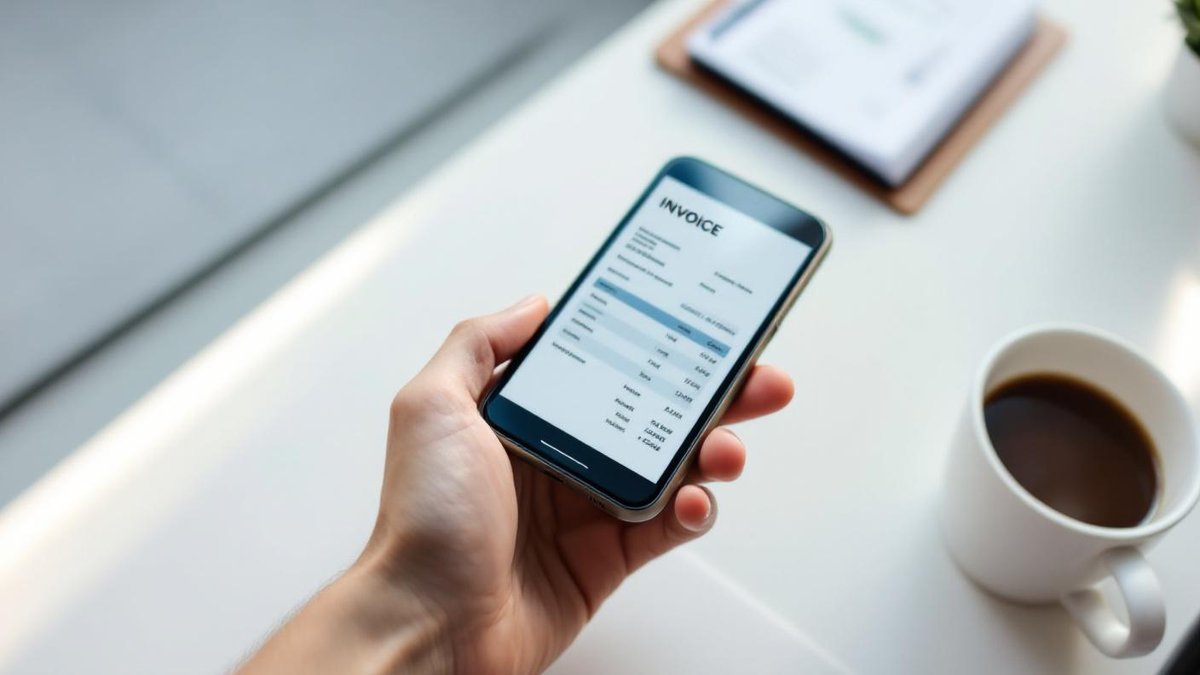 Smartphone sobre mesa branca mostrando tela de nota fiscal digital ao lado de bloco de recibos e caneta em ambiente comercial brasileiro