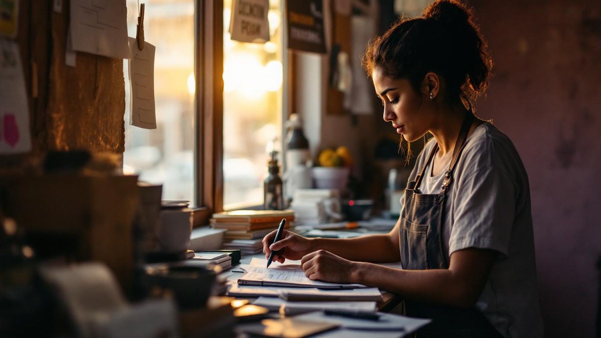 Microempreendedora brasileira organizando recibos e documentos no balcao de sua loja, luz quente de fim de tarde entrando pela vitrine