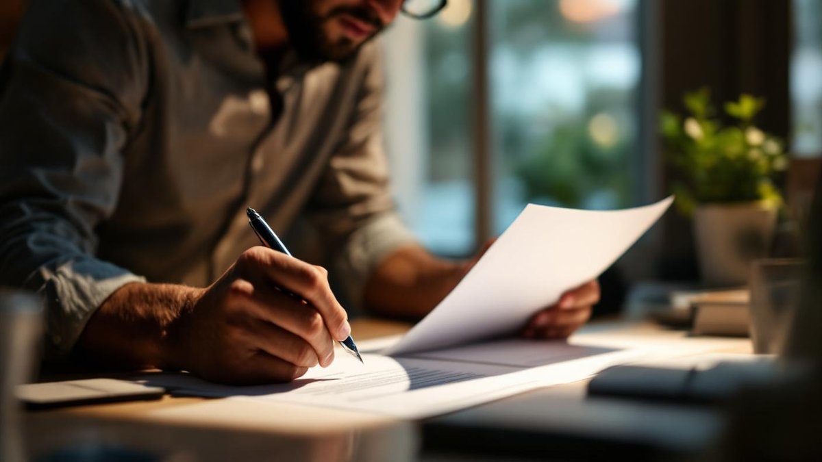 Profissional brasileiro em mesa de escritorio revisando dois contratos lado a lado sob luz quente e natural de janela