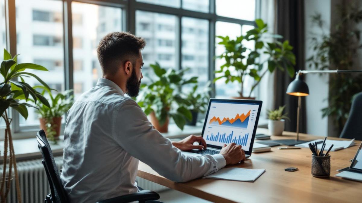 Empreendedor brasileiro em escritorio moderno analisando grafico de crescimento no laptop com luz natural de janela grande