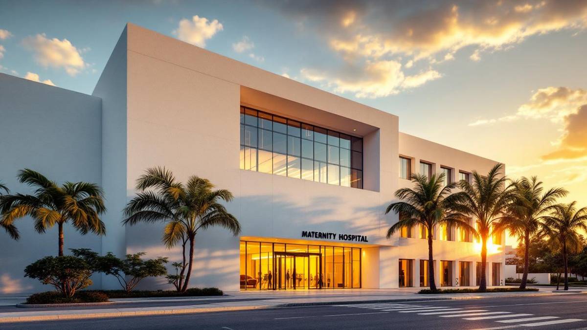 Fachada moderna de hospital maternidade brasileiro sob luz dourada do fim de tarde com palmeiras e portas de vidro