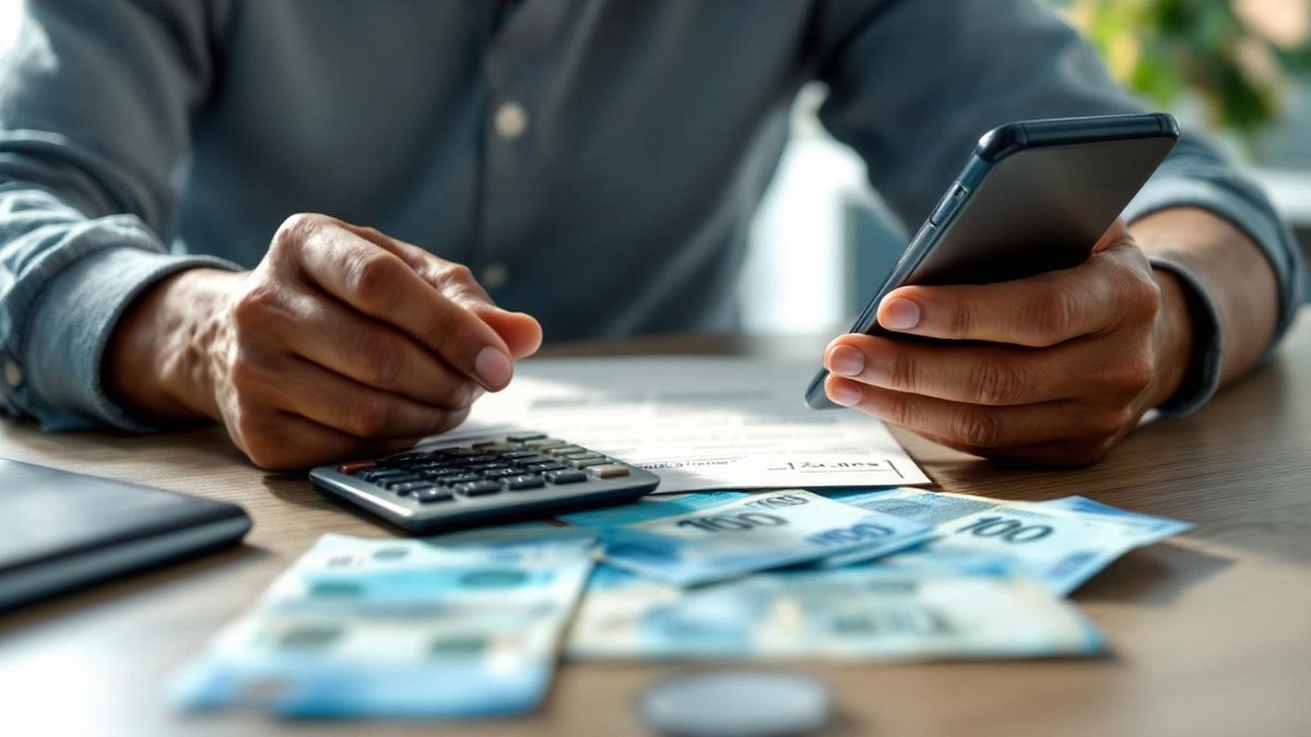 Microempreendedor brasileiro sentado à mesa da cozinha com calculadora e smartphone mostrando valor do DAS, notas de cem reais ao lado
